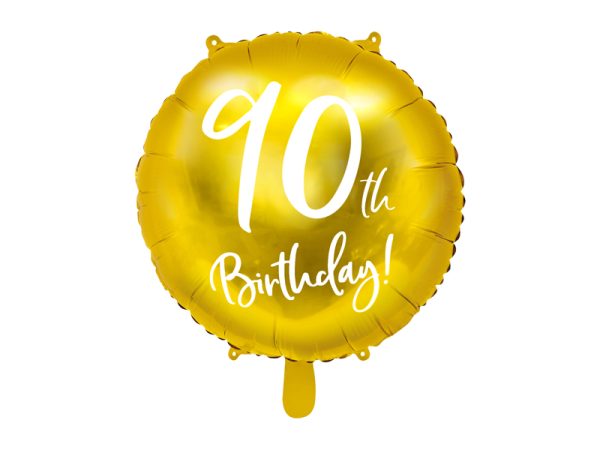 90-Birthday-kuldne-ummargune-FB24M-90-019 Фольгированный шар «90th BIRTHDAY», золотой, круглый