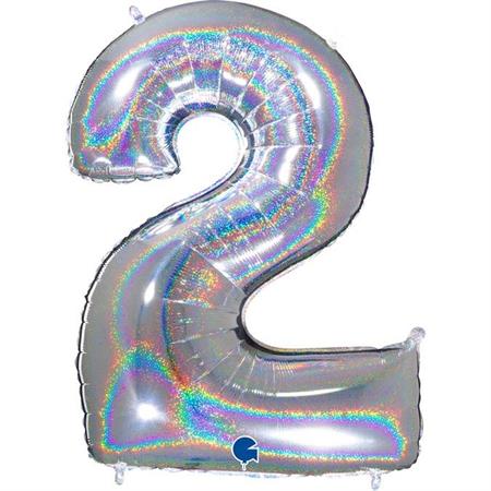 Foil balloon "NUMBER 2" holo glitter silver