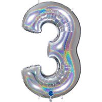 Foil balloon "NUMBER 3" holo glitter silver