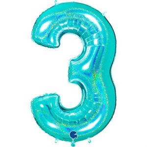 Foil balloon "NUMBER 3" holo glitter silver