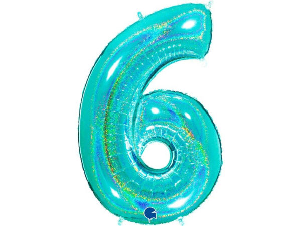 Number-6-tifany-sarav-GR-776GHTI-P Foil balloon "NUMBER 6" holo glitter tiffany