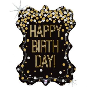 Raam-Happy-Birthday-must-GR-35965GH-P Fooliumist õhupall "TÄHT", kuldne, mustriga, holograafiline