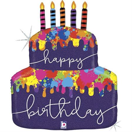 Fooliumist õhupall tort «HAPPY BIRTHDAY» värviline, holograafiline