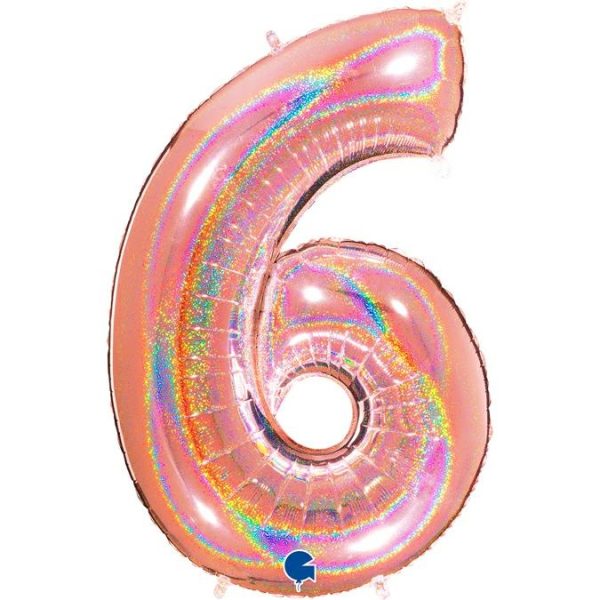 number-6-roosa-kuldne-sarav Foil balloon "NUMBER 6" holo glitter rose gold